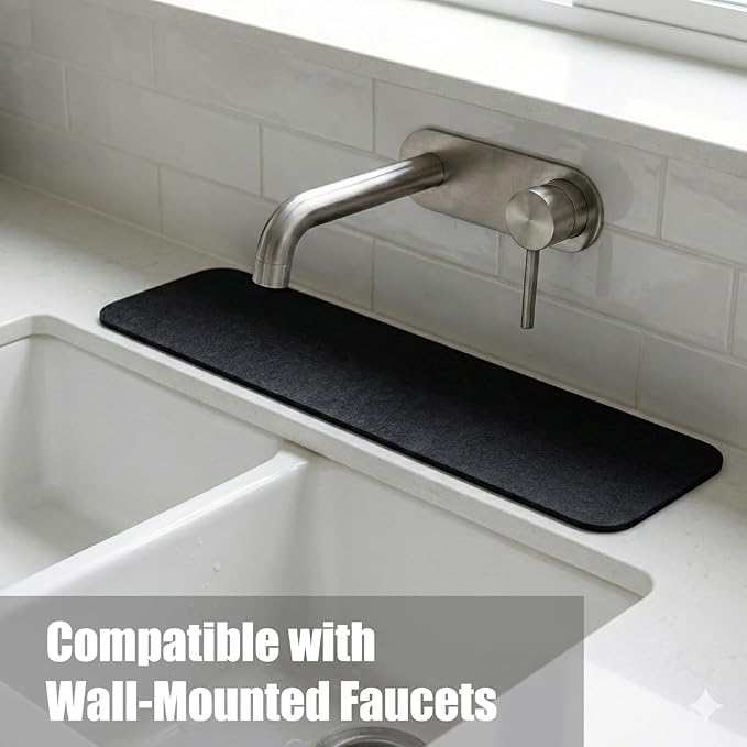 Customizable Kitchen Sink Faucet Mat: 24"Lx5.5"W Absorbent Sink Edge Protector & Bathroom Counter Protector - Quick Drying Splash Guard Cut to Fit 2, 3, 4 Holes Faucet, Soap Dispenser & Irregular Sink