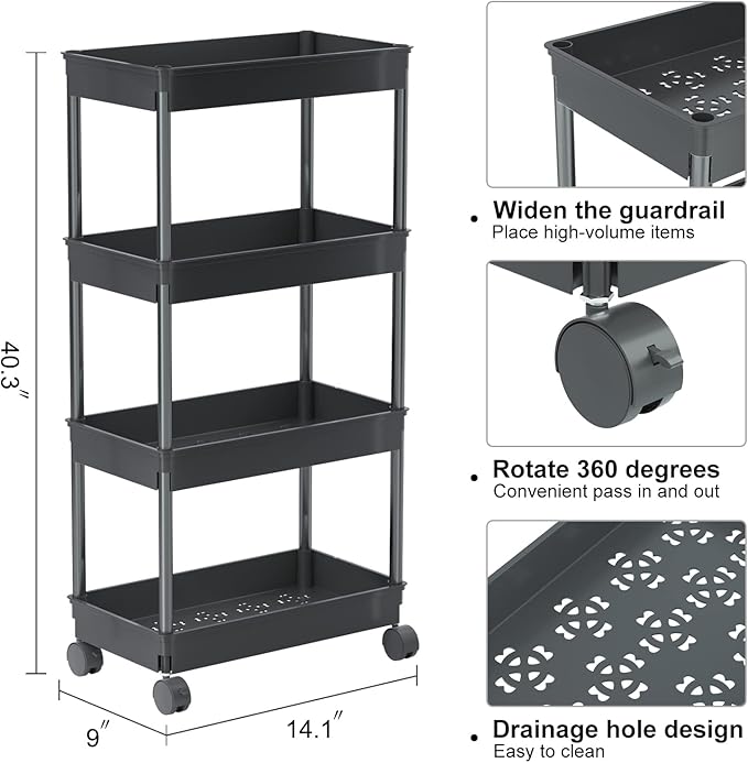 Sooyee 4 Tier Wide Storage Cart Mobile Shelving Unit Organizer Slide Out Storage Rolling Utility Cart Tower Rack for Kitchen Bathroom Laundry, Plastic & Stainless Steel, Black