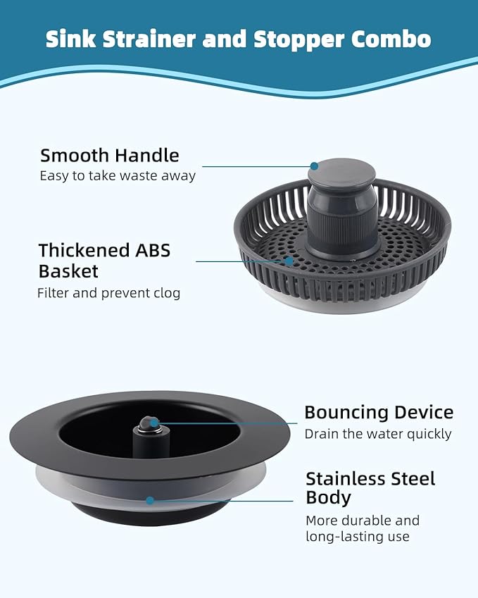Universal 3 in 1 Kitchen Sink Drain Strainer Stopper Combo, 2PCS Matteblack Stainless Steel Shell Pop Up Sink Stopper for US Standard 3-1/2 inch Drain Filter, Anti-clog and Easy Clean