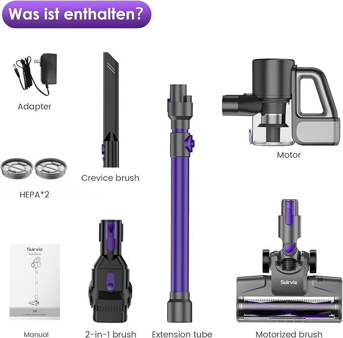 Suirviz Cordless Vacuum Cleaner, 40KPA/500W/35Mins, Powerful Suction with Green LED Dust Detection, Stick Vacuum Self-Standing, Lightweight Handheld Vacuum for Pet Hair, Carpet & Hard Floor, Purple