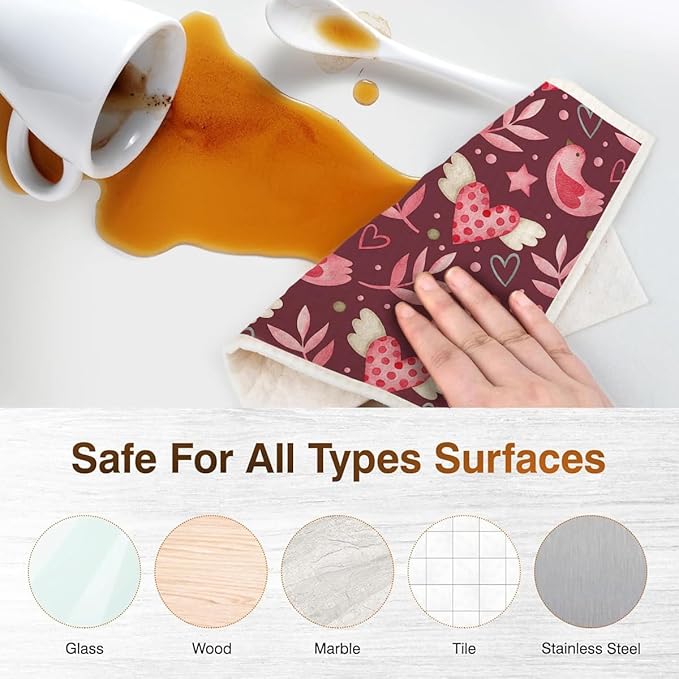 Swedish Dishcloths for Kitchen | 6 Pack Floral Reusable Paper Towels Washable | Swedish Dish Towels | Non-Scratch Cellulose Sponge Cloths | No Odor, Biodegradable Cleaning Cloths, Valentine's Day 1