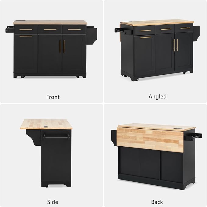 59.3" Kitchen Island with Drop Leaf and Pull Out Trash Can Storage Cabinet, Rolling Kitchen Island Table with Power Outlet, Spice & Towel Rack for Kitchen, Dining, Black