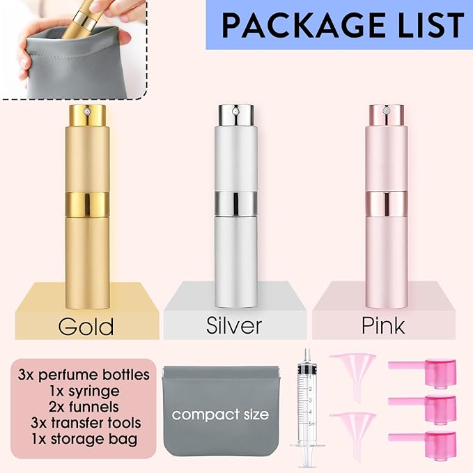 3 Pack 8ML Empty Atomizer Sprayer for Perfume Cologne Spray Bottle for Refill Portable Cologne Dispenser Mini Sprayer for Men Twist Tpye