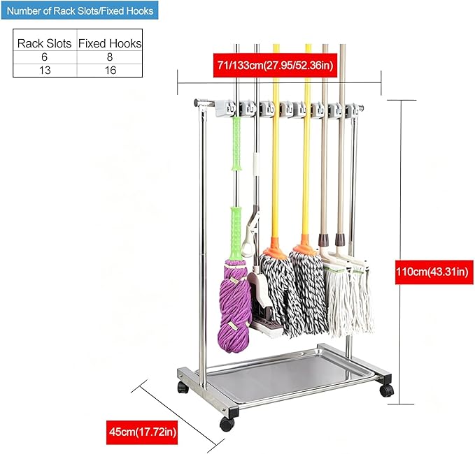 Mobile Broom Mop Holder,Rolling Cleaning Tool Organizer Cart,Freestanding Cleaning Tool Holder for Home,Drip Tray,for Garage,Garden,Schools Hotels(71x45x110cm(28x18x43in))