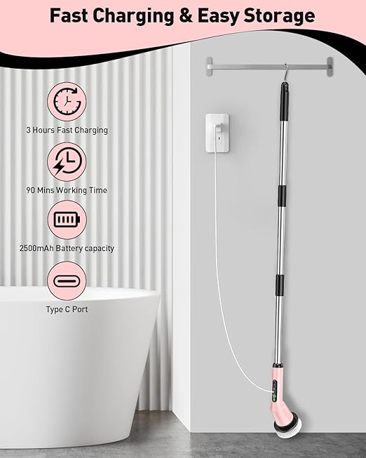 Shower Scrubber with Long Handle, Bathroom Cleaner Brush with 8 Brush Heads, Cordless Electric Spin Scrubber for Cleaning with 2 Speed, Cleaning Supplies for Bathtub Kitchen Floor Tile Toilet