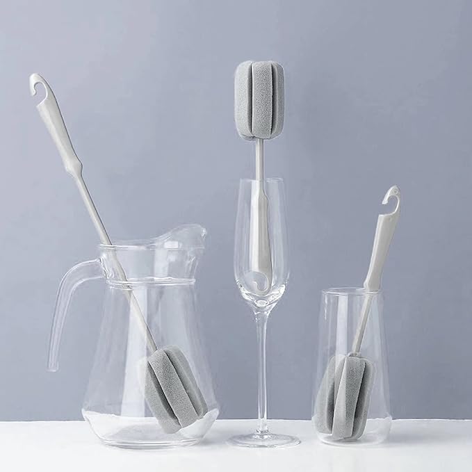 4 Pack Soft Sponge Bottle Cleaner Brush, Grey Plastic Handle Wine Glass Cup Brush Scrubber, Washing Brush Vase Bottle Pot Cleaning Brush with Traceless Hook, Long and Small Size 10” 15”