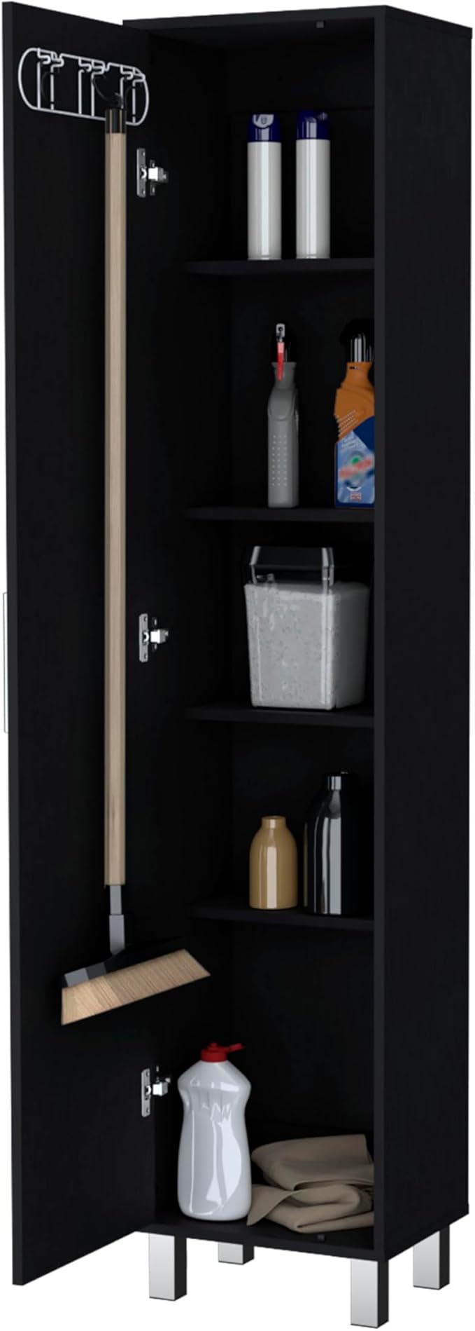 Storage Cabinet, Single Door Freestanding Black Cabinet with 3 Broom Hangers & 5 Interior Shelves, Modern Particle Board Melamine Kitchen Organizer, 11.73" D x 15.75" W x 70.87" H