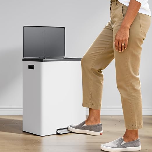 Large Stainless Steel Dual Compartment Recycling Trash Can 60 l/16 Gal Recycle Bins with Lid Waste Bin with Removable Buckets, Bathroom,Kitchen Garbage Can,White