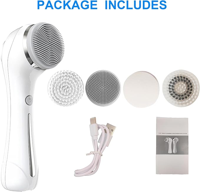 Facial Cleansing Brush, 2 in 1 Waterproof IPx7 Facial Spin Scrubber Set with 4 Brush Heads, Rechargeable Exfoliating Face Brush Deep Cleansing, Gently Exfoliate and Remove Blackhead (White)