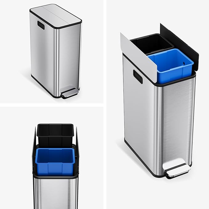 GarveeHome 14.8 gal Dual Compartment Step Trash Can, Stainless Steel Kitchen Bin with Butterfly Lid & Foot Pedal, 2x7.4 gal Removable Buckets for Easy Waste and Recycling, Silver