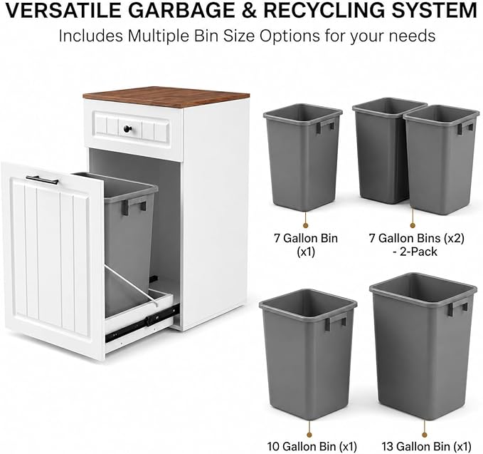 13 Gallon Pull Out Trash Can Cabinet with Drawer, Hidden Kitchen Garbage Cabinet, Freestanding Modern Farmhouse Waste Bin Furniture, White