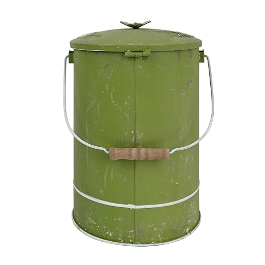 Rustic Farmhouse Decor Trash Can with Lid and Pedal Retro Handmade Distressed Design Pattern Round Garbage Cans Recycling Waste Bin for Home Patio Yard Bathroom Kitchen Garden Living Room Green