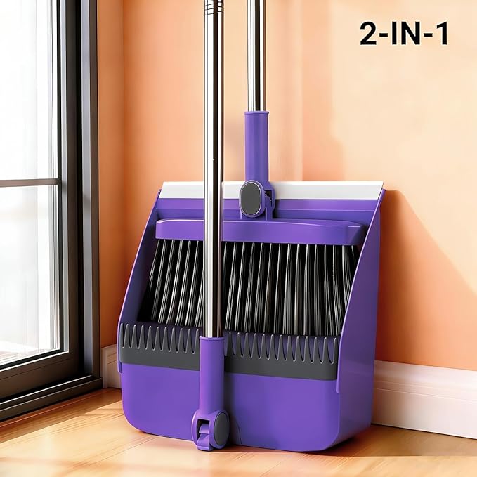 2-in-1 Broom with Dustpan Combo Set,Long Handle Broom Dustpan Combo with Dustpan Teeth to Automatically Clean Hair for Home, Indoor or Outdoor Cleaning Hall Floor (Purple)