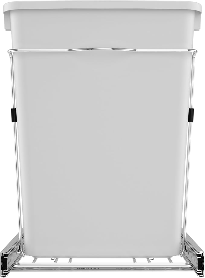 Rev-A-Shelf Double 35 Qt Pullout Trash Can for Base Kitchen Cabinets, Garbage Waste Bin System with Full-Extension Slides, Min Opening Width of 14.5" White/Chrome, RV-18KD-11C S