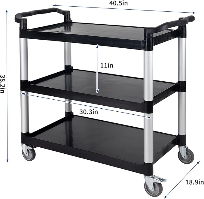 UNICOO® Heavy Duty 3-Tier Rolling Cart, Service Utility Cart on Wheels, 550lbs Capacity, Lockable & Silent Wheels, Anti-Rust, Easy Clean for Restaurant, Office, Dorm, Garage, Kitchen Storage