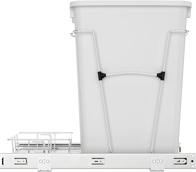 Rev-A-Shelf Single 35 Qt Pullout Trash Can for Base Kitchen Cabinets, Garbage Waste Bin System with Full Extension Slides, Min Opening Width of 11.5", White/Chrome, RV-12KD-11C