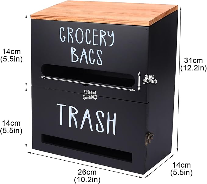 2 in 1 Trash Bag Holder with Grocery Bag Holder, Wooden Trash Bag Dispenser Wall Mounted, Trash Bag Organizer for Countertop/Under Sink, Garbage Bag Holder Dispenser for Plastic Bags, Black