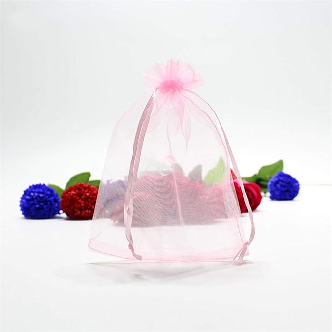 100 Pcs 5x7 inches Gift Wrap Bags Pink, Organza Sheer See Through Fabric, Drawstring Satin Ribbon Pouches for Baby Shower Favor, Party Wedding Favors Decoration, Card Deck, Jewelery, Boys Holiday Gift