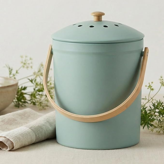 Beautiful Kitchen Compost Bin with Smell Proof Lid - Rust Proof and Odorless Compost Bucket for Your Countertop with No Smell Filters - Easy to Clean 1.1 Gallon Bin Looks Great On Any Kitchen Counter