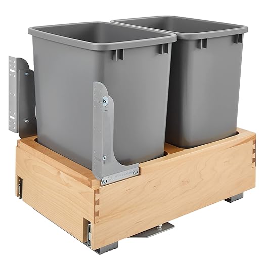 Rev-A-Shelf 35 Qt Bottom Mount Double Pullout Under Cabinet Kitchen Trash Cans w/Soft-Close for Base Cabinets, 150 Pound Rated Full-Extension Slides, Min Opening Width of 14.5", Gray, 4WCBM-18DM-2
