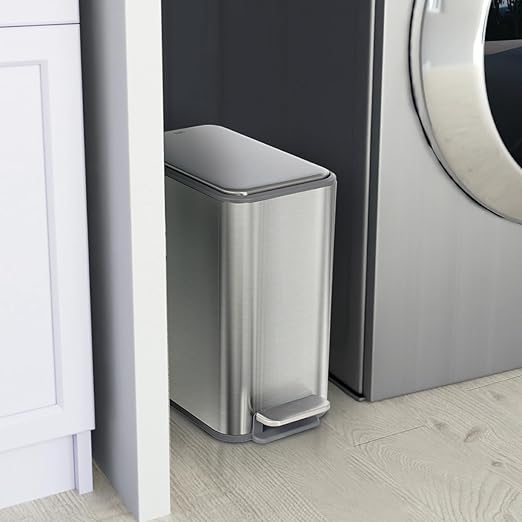 Glad Slim Bathroom Trash Can - Small Garbage Pail with Soft Close Lid & Step Foot Pedal | Narrow Stainless Steel Waste Basket with Removable Inner Bucket, 2.6 Gallon