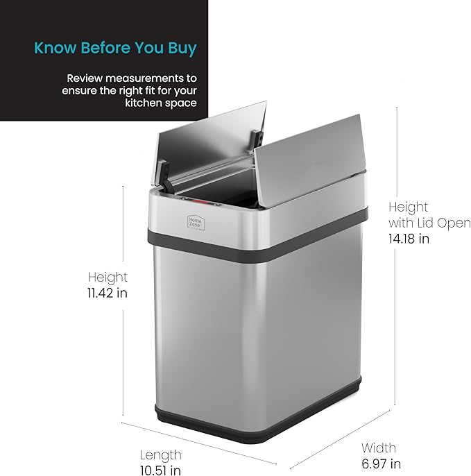 Home Zone Living 2 Gallon Small and Slim Motion Sensor Trash Can with Touch Control Lid, Stainless Steel, Silver