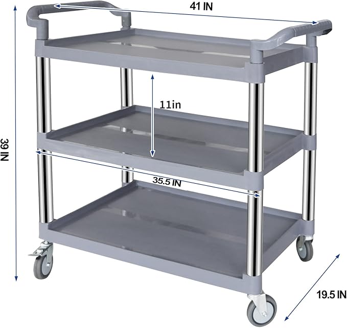 UNICOO 3-Tier Heavy Duty Rolling Utility Cart with Lockable Silent Wheels, 550 Pound Capacity, Anti-Rust Frame, Easy-Clean Shelves for Restaurant, Office, Garage and Kitchen