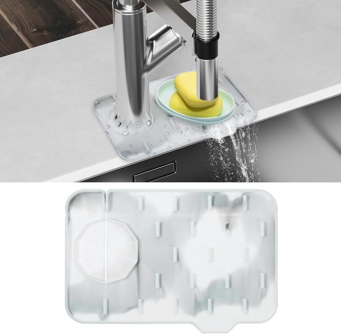 Dimeho Sink Faucet Splash Guard Mat Silicone Soap Dish Pad Faucet Handle Drip Catch Sponge Holder Sink Protector Trays for Bathroom Kitchen Countertop Gadgets Accessories 8.3 x 5.7 Inch (Marble)