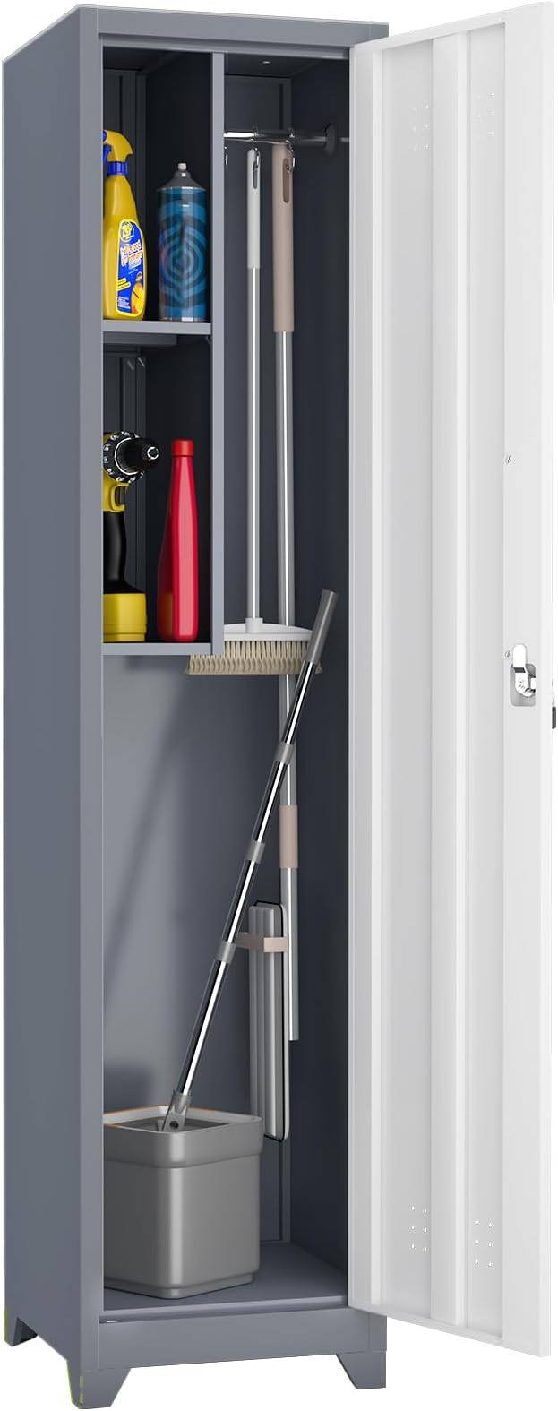 Broom Closet Utility Storage Cabinet with Locking Door and 2 Shelves, 65" H Slim Tool Cabinet for Broom and Mops (Gray White, 65“H-1 Door)