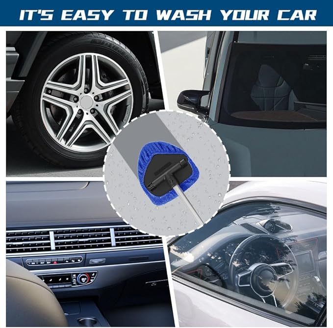 Car Wash Brush with Long Handle, Windshield Cleaning Tool, Car Washing Mop Kit Mitt Sponge Car Cleaning Supplies Kit, Microfiber Towel Gloves Universal for Cars RV SUV Truck Office (Blue)