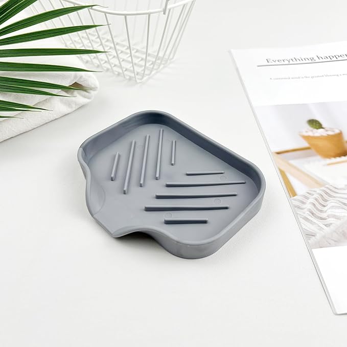 Grey Silicone Soap Dish – Sink Organizer with Drain Spout for Bathroom & Kitchen, Ideal for Dispensers, Cups, Scrubbers & Sponges on Countertops