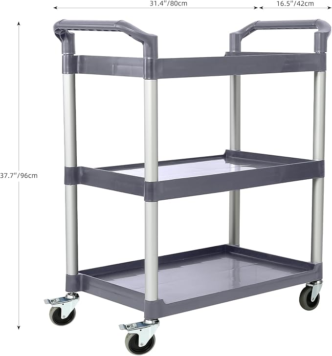 3-Tier Utility Rolling Cart with Wheels, Durable Catering carts with Wheels, Rolling Storage Cart for Hotel Canteen Resturant Office (Gray, 31.4" D x 16.5" W x 37.7" H)