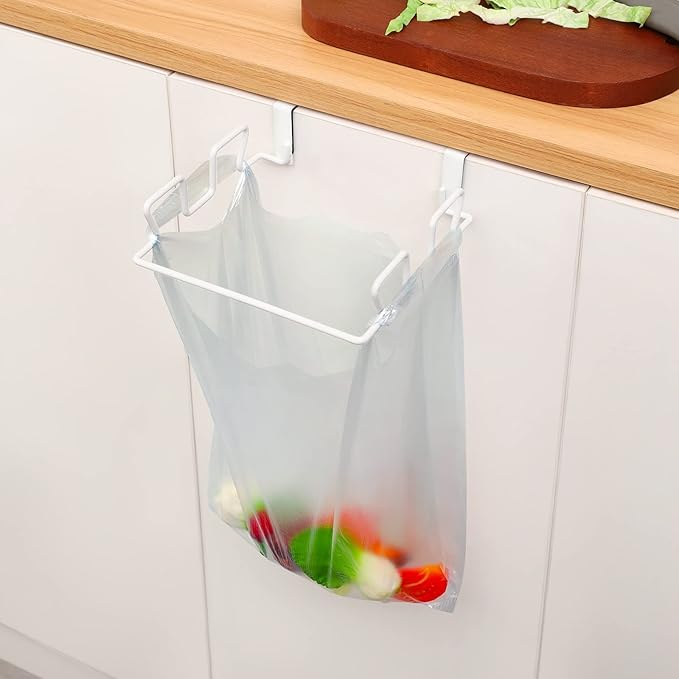 KES Trash Bag Holder Over the Cabinet Door Organizer, Kitchen Plastic Bags Holder Metal Garbage Bag Holders Over the Door White, KUR525-WH