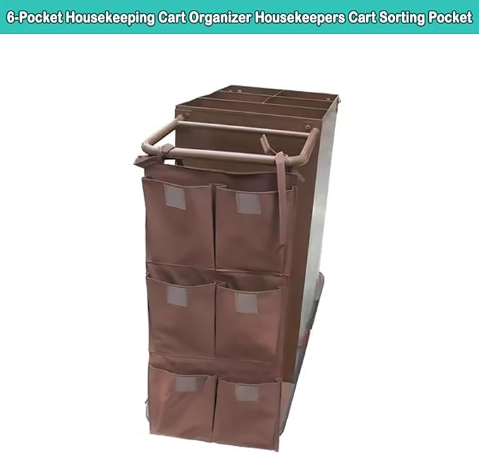 Replacement Janitorial Cart Bag, High Capacity Waterproof Thickened Housekeeping Commercial Janitorial Cleaning Cart Bag with 6 Brass Grommets - 25 Gallon (Vertical 6-Pocket - Brown)