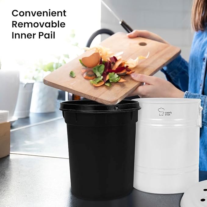 Chef's Star Countertop Compost Bin, Indoor Compost Bin, Small Composter, White, 0.8 Gallon, Metal