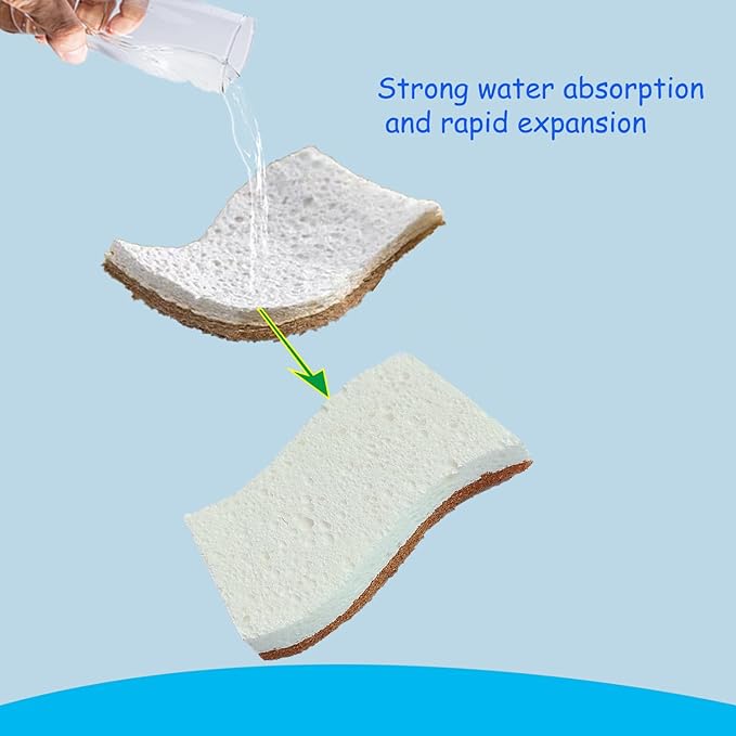 12 Pack Natural Kitchen Sponges, Non Scratch, Non Toxic S-Shaped Eco-Friendly Biodegradable Cellulose & Coconut Scrubber Dish Sponges for Kitchen, Tableware, Bathroom, Home Use