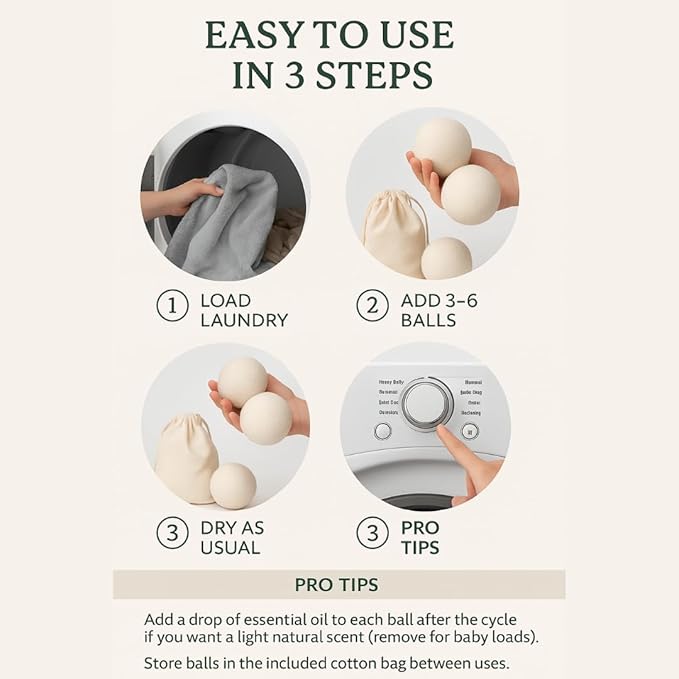 Wool Dryer Balls - 100% New Zealand Sheep Wool - Natural Fabric Softening, Reduces Clothing Wrinkles (6 Pack)