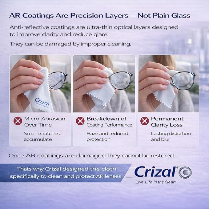 Crizal Eyeglass Cleaning Cloths – 6 Pack Premium Microfiber – Designed & Tested for AR-Coated Lenses – Trusted by Optical Professionals