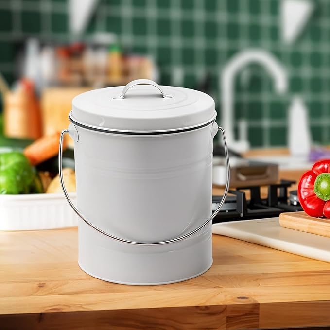 Plexon Kitchen Compost Bin with Lid, 1.3 Gallon Metal Countertop Compost Bucket Pail, Indoor Composter - White
