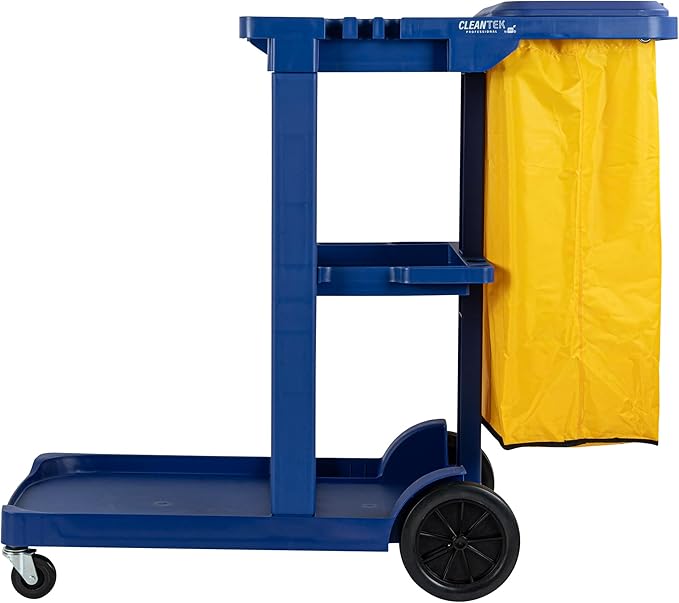 Restaurantware-Clean Tek Professional Janitor Cart with Wheels, 1 Cleaning Trolley with Cover and 18 Gallon Bag - 3 Shelves, Heavy-Duty, Blue Plastic Commercial Janitorial Cart, for Restaurants