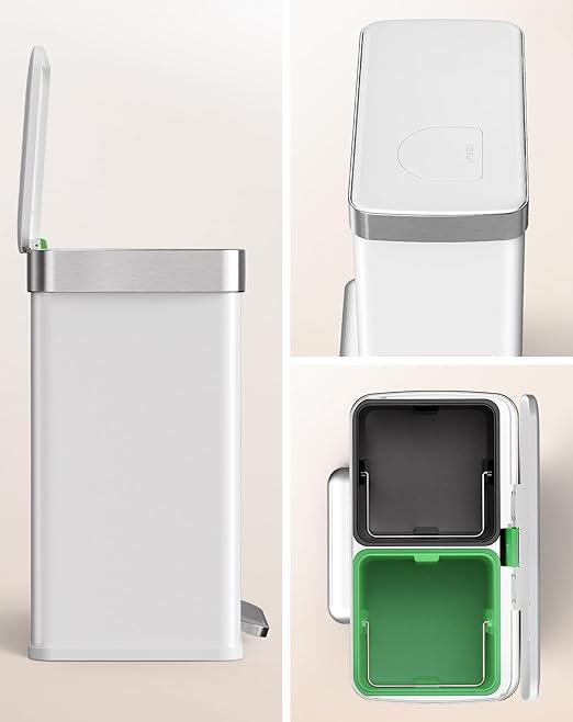 Cesun GreenGrin Kitchen Trash Can, 2x8 Gallon Dual Compartment Trash and Recycle Bin Combo, Double Stainless Steel Step Garbage Can with Lid, Recycling Push Flap,Removable Inner Buckets,30L+30L(White)