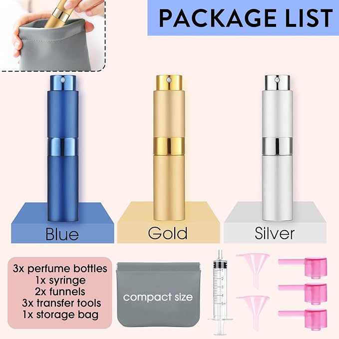 3 Pack 8ML Portable Atomizer Perfume Cologne Travel Spray Bottle for Refill Empty Cologne Dispenser Mini Sprayer for Adults Twist Tpye