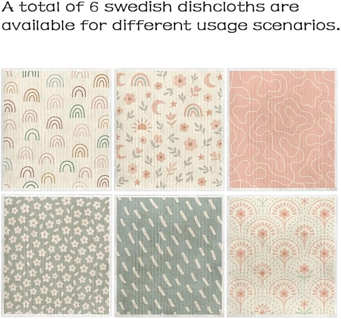 Swedish Dishcloths for Kitchen – 6 Pack Cellulose Reusable Cleaning Paper Towels – Soft, Quick-Drying, Washable Dish Rags for Kitchen, Counters & More (Boho Pattern)
