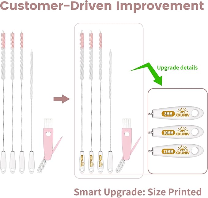 15 Inch Extra Long Straw Cleaner Brush Set, 5 Pcs Reusable Cleaning Brushes for Stanley 40 oz Tumbler, Owala, Yeti, Includes 4 Flexible Straw Brushes and 1 3-in-1 Cup Lid Gap Cleaning Tool(Pink)