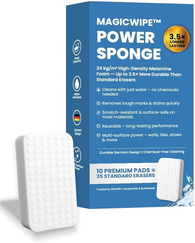 MagicWipe® Power Sponge – Magic Sponge Eraser (10 Pack) with High Density Melamine Foam for Heavy Duty, Multi-Surface Cleaning, Kitchen, Bathroom, Walls, Floors, Scuffs - No Chemicals