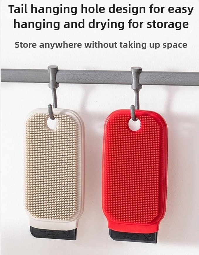 3-in-1 Silicone Dish Sponge-Food-Grade BPA-Free Cleaning Brush with Dual-Sided Comb&Scraper,Hanging Hole for Easy Storage,Fast-Dry Reusable Kitchen Gadget for Dishes/Fruits/Vegetables (Red+Grey)