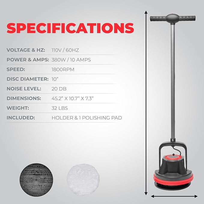 XtremepowerUS 10" Heavy Duty Commercial Pad Polisher Orbiter Hard Floor Buff Cleaner Machine, Wide Cleaning Path Floor Cleaning, 39ft Cord