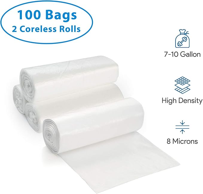 ProCure 7-10 Gallon Clear Garbage Can Liners, 100 Count - Small - Medium Trash Can Liners - High Density, Thin, Lightweight, 8 Microns - for Office, Home, Hospital Wastebaskets - 2 Coreless Rolls
