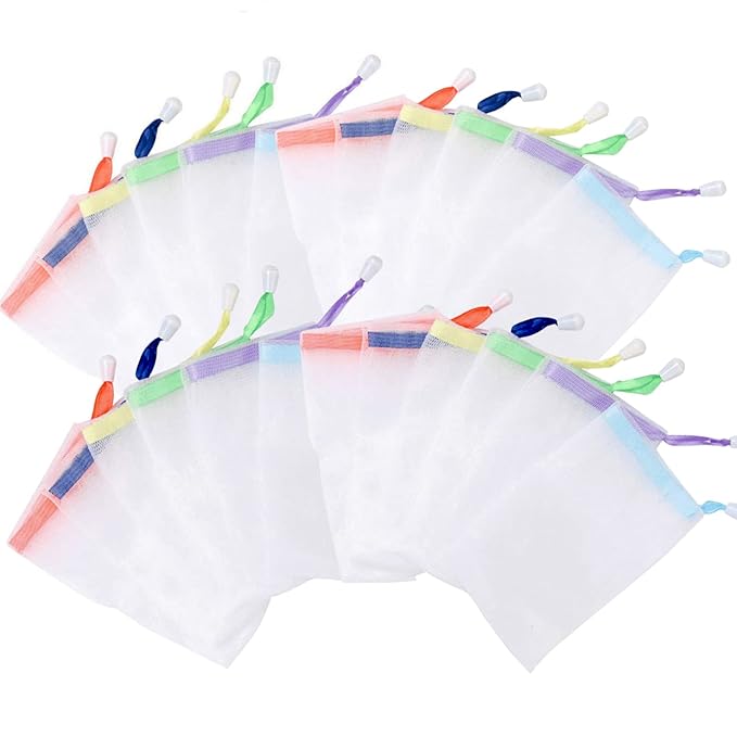 INVODA 32 PCS Soap Net Bag Double Layer Drawstring Soap Mesh Soft Bath Soap Net for Facial Body Exfoliation Cleaning Tool (Random Color)