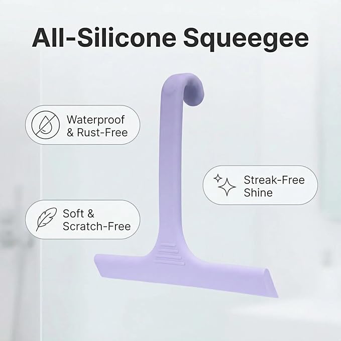 Silicone Shower Squeegee - All-in-One Design with Built-in Hook, 10 Inch Streak-Free Bathroom and car Cleaner for Glass Doors, Mirrors, Windows, Tiles Purple